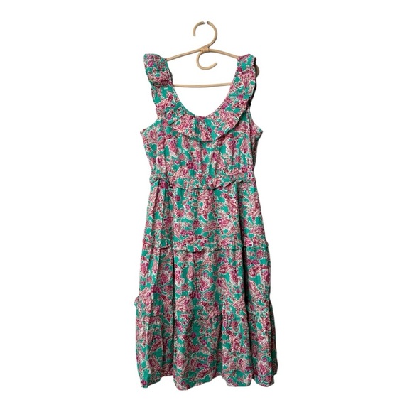 J. Crew ** Pink Green Swiss Dot Printed Ruffle Collar Midi Dress with Tie Back - Picture 3 of 14